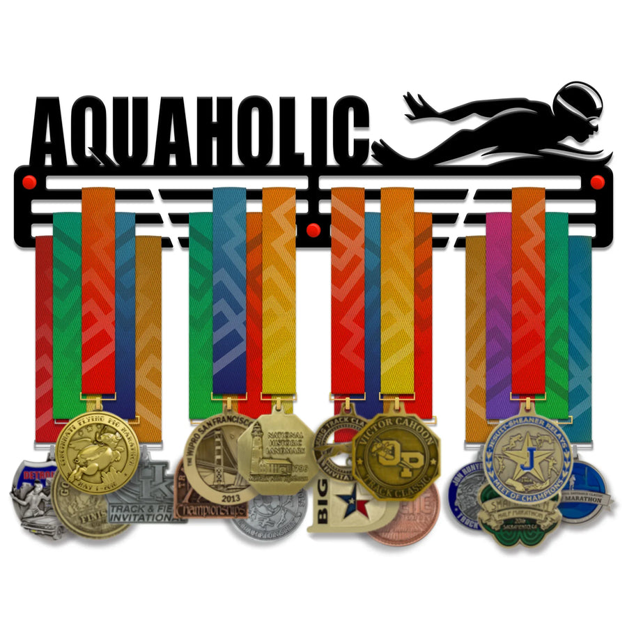 "Aquaholic" Medal Hanger — Swimming & Tri Display (18", 3 mm Steel) - Metallic Art