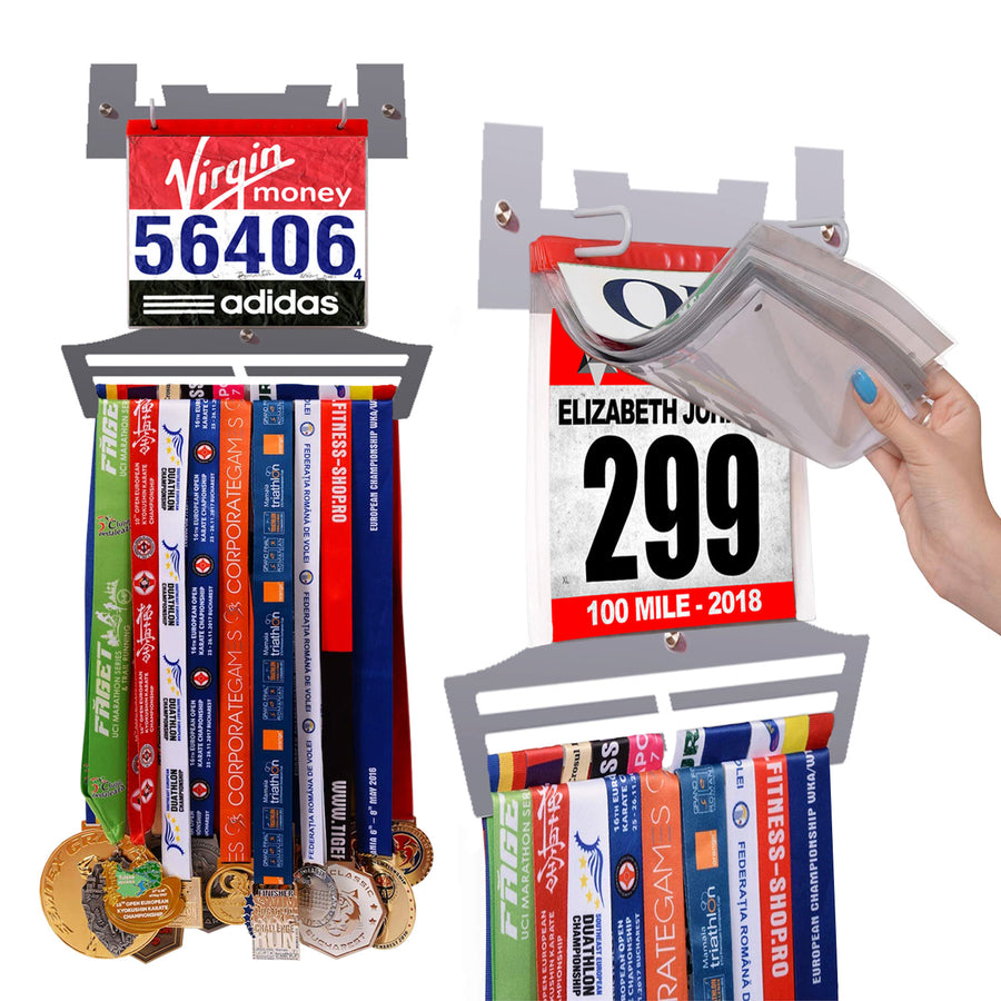 Running Medal & Race Bib Holder — Gray V-Shape Display Bundle - Metallic Art