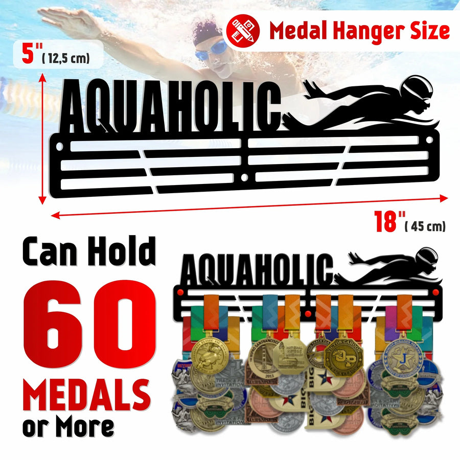 "Aquaholic" Medal Hanger — Swimming & Tri Display (18", 3 mm Steel) - Metallic Art