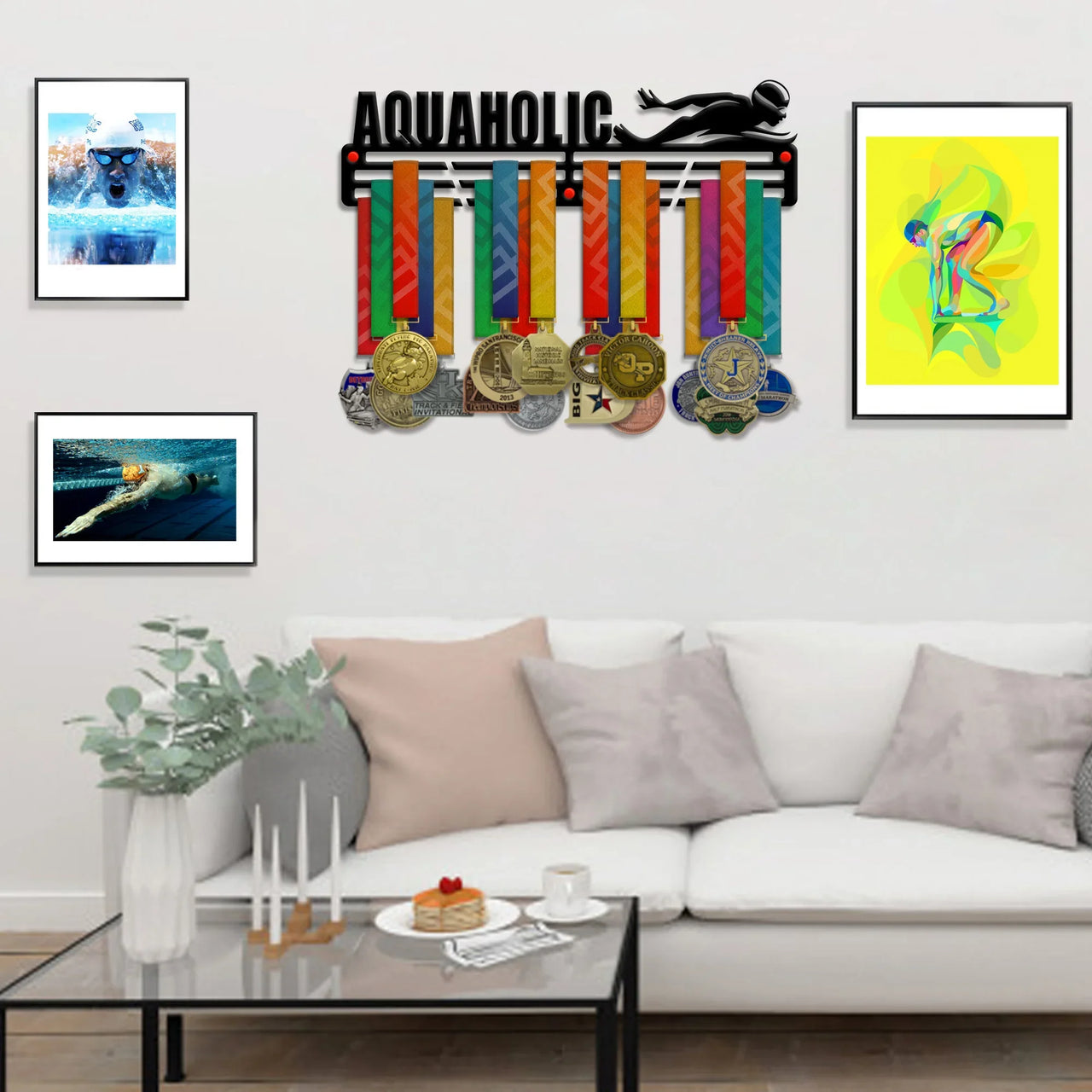 "Aquaholic" Medal Hanger — Swimming & Tri Display (18", 3 mm Steel) - Metallic Art