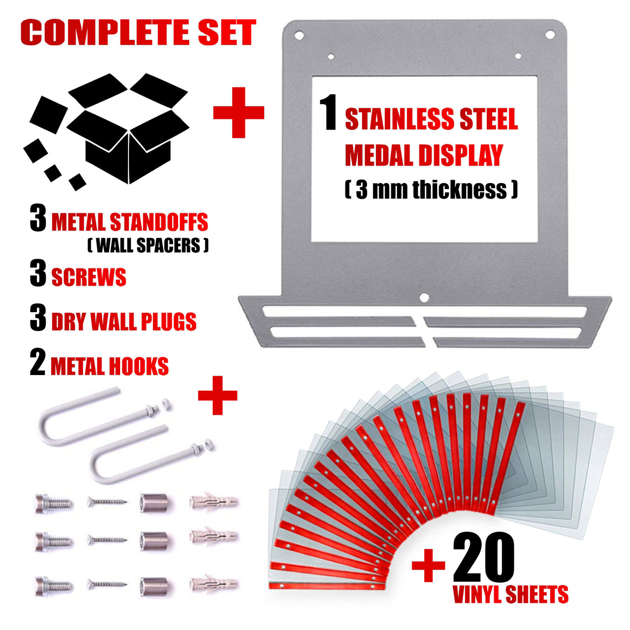 Running Medal & Race Bib Holder — Gray Square Shape Display Bundle - Metallic Art