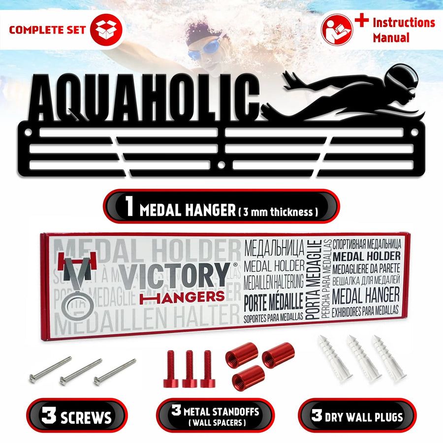 "Aquaholic" Medal Hanger — Swimming & Tri Display (18", 3 mm Steel) - Metallic Art