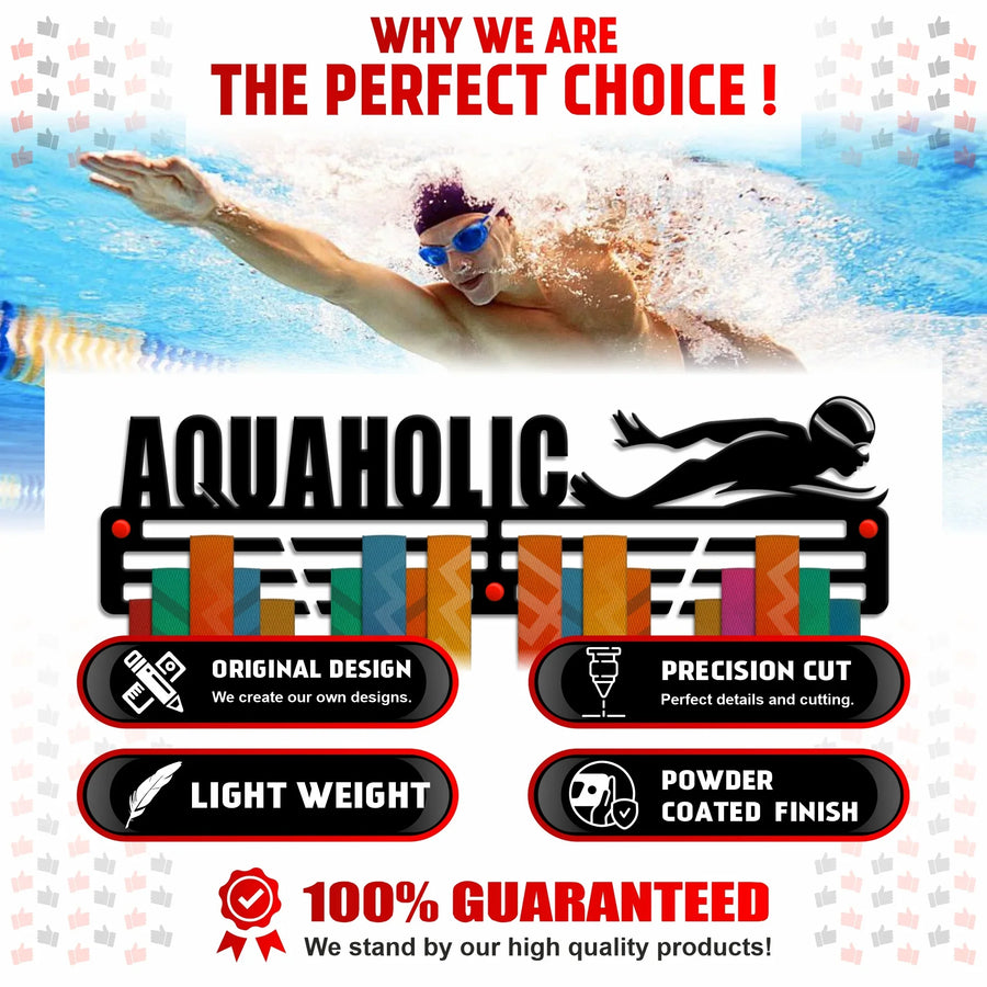 "Aquaholic" Medal Hanger — Swimming & Tri Display (18", 3 mm Steel) - Metallic Art