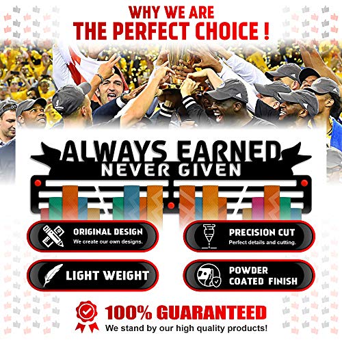 Always Earned, Never Given — 3-Bar Medal Holder (18", 3 mm Coated Steel) - Metallic Art