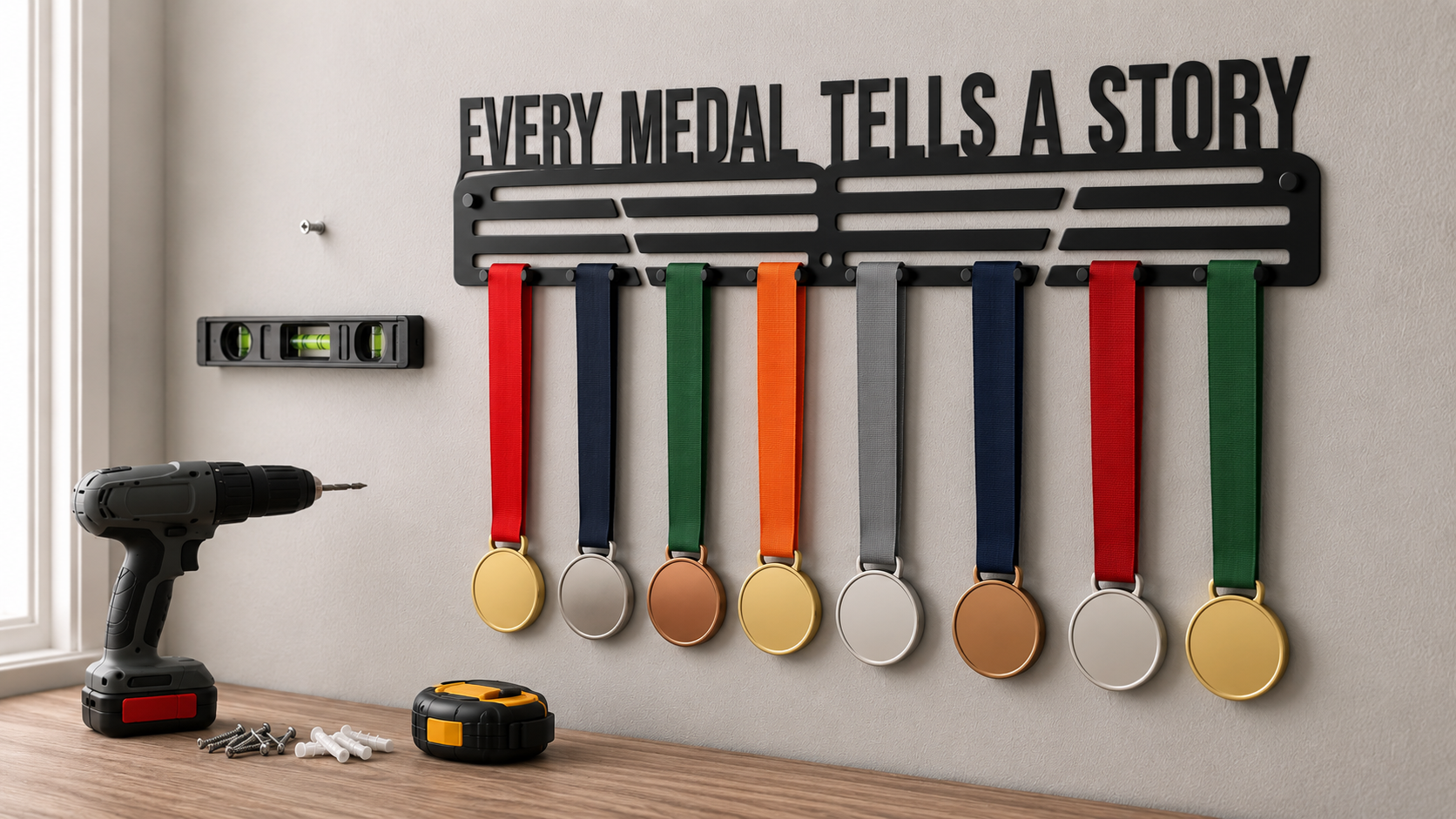 Every Medal Tells a Story steel medal hanger mounted on a wall with a spirit level and drill