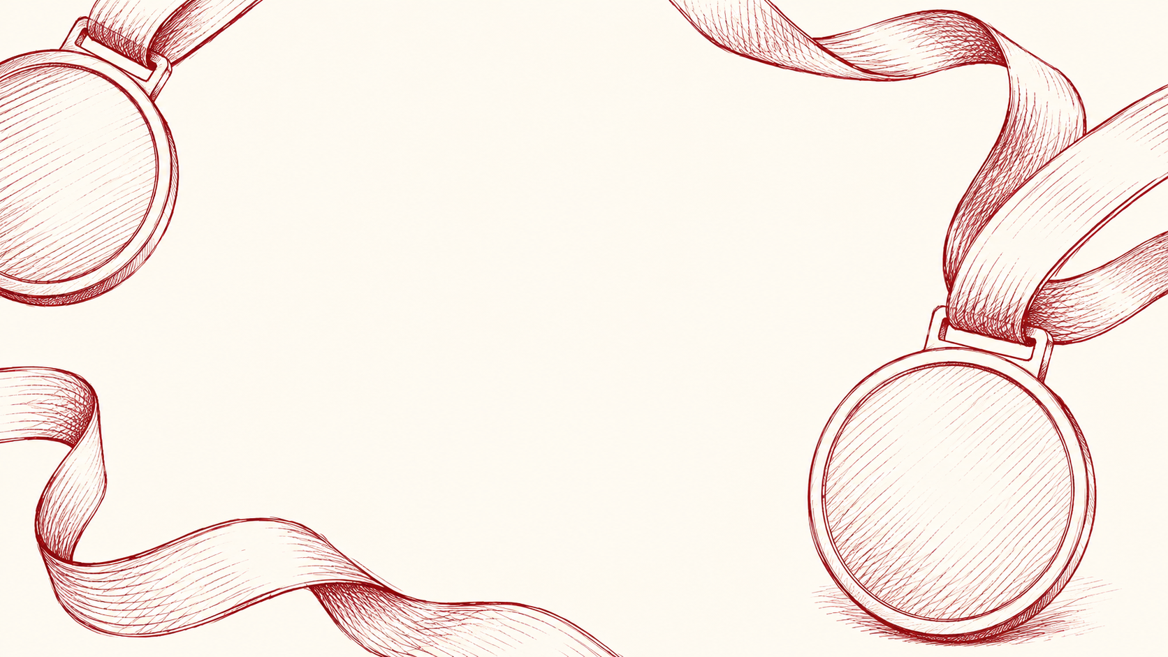 Hand-drawn illustration of race medals and ribbons in crimson line art