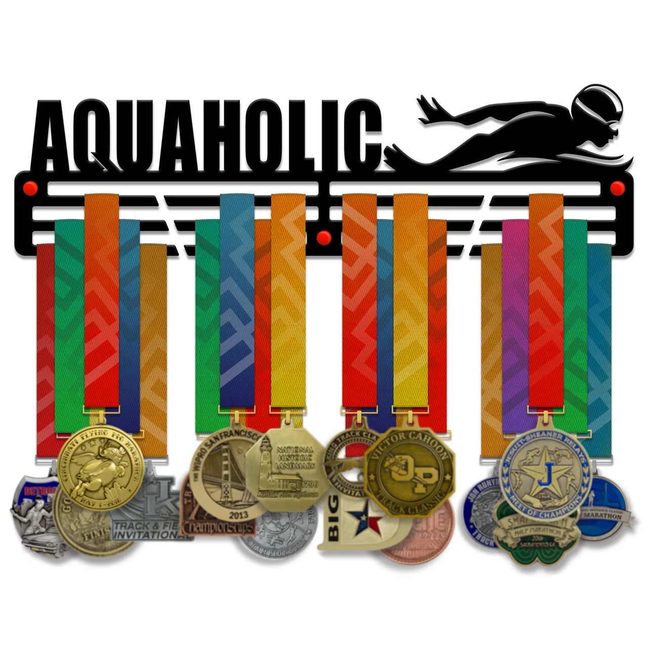"Aquaholic" Medal Hanger — Swimming & Tri Display (18", 3 mm Steel) - Metallic Art