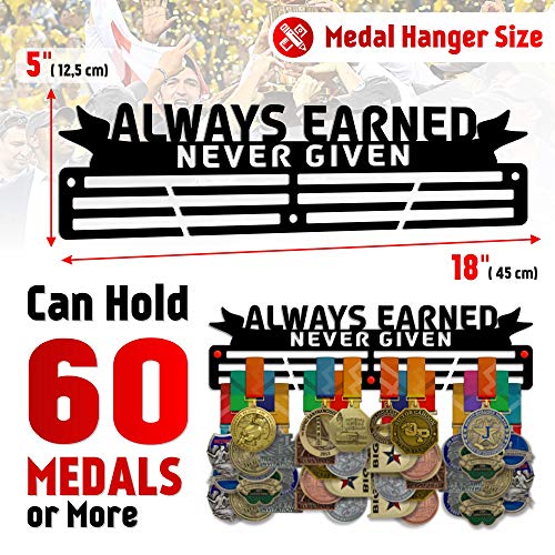 Always Earned, Never Given — 3-Bar Medal Holder (18", 3 mm Coated Steel) - Metallic Art