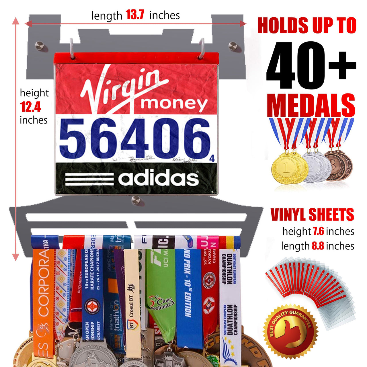 Running Medal & Race Bib Holder — Gray V-Shape Display Bundle - Metallic Art