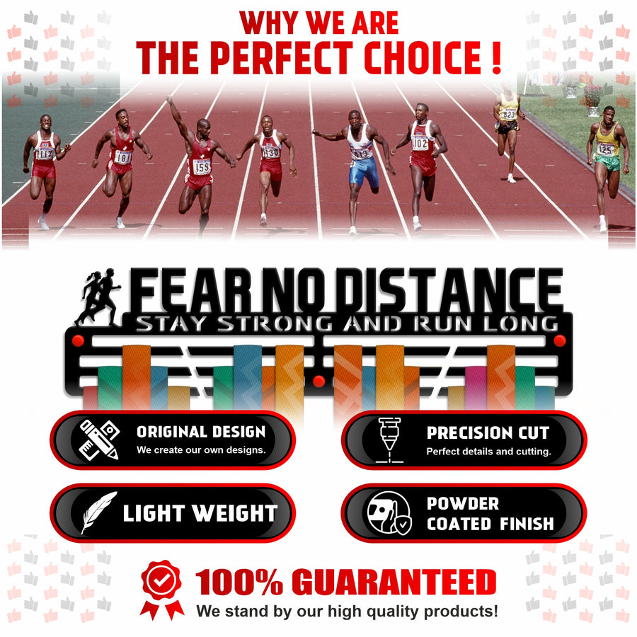 Fear No Distance — Stay Strong and Run Long” Medal Hanger (18", 3 mm Steel) - Metallic Art