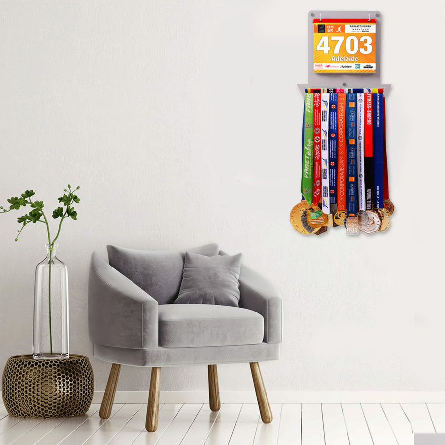 Running Medal & Race Bib Holder — Gray Square Shape Display Bundle - Metallic Art