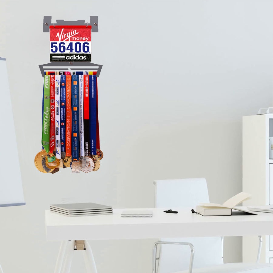 Running Medal & Race Bib Holder — Gray V-Shape Display Bundle - Metallic Art