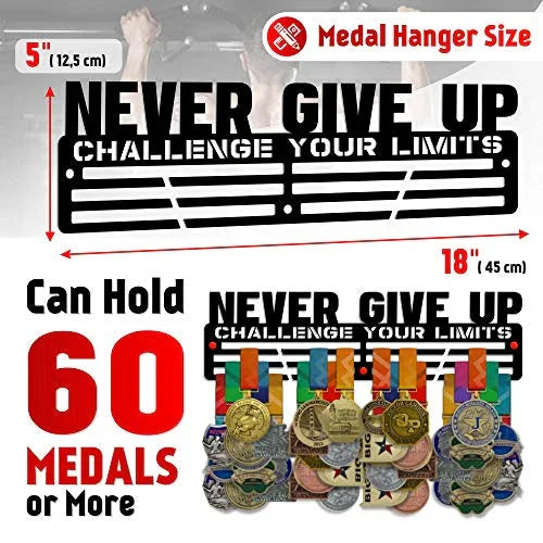 Never Give Up — Challenge Your Limits — Medal Display Rack - Metallic Art